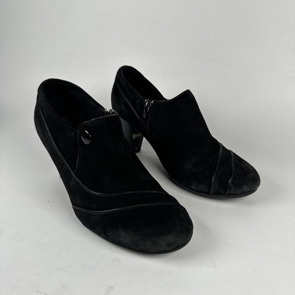 Clarks Bendables Boots Womens 6.5M Zip Ankle Bootie 83057 Cone Heels Black Suede